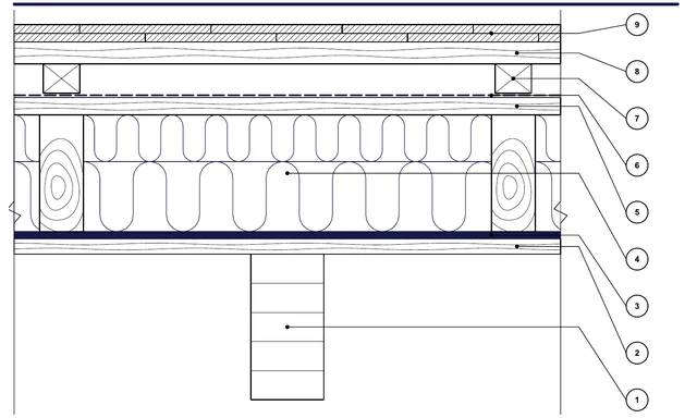 CAD detail ISO-ACO-01: Roof with exposed rafters