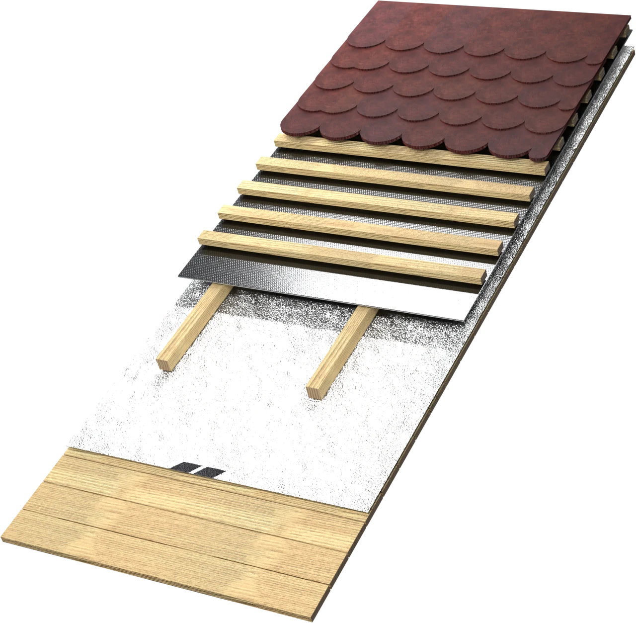 3D rendering: under the roof covering, with the additional Silver or Bronze shield between the counter-batten and the batten
