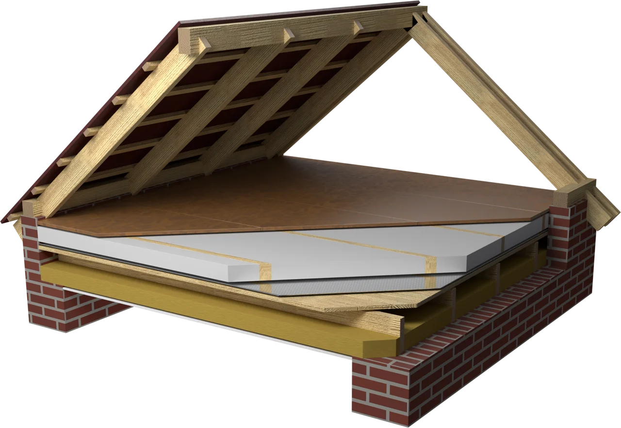 3D rendering: the timber floor slab in the unheated attic, with walkable boarding