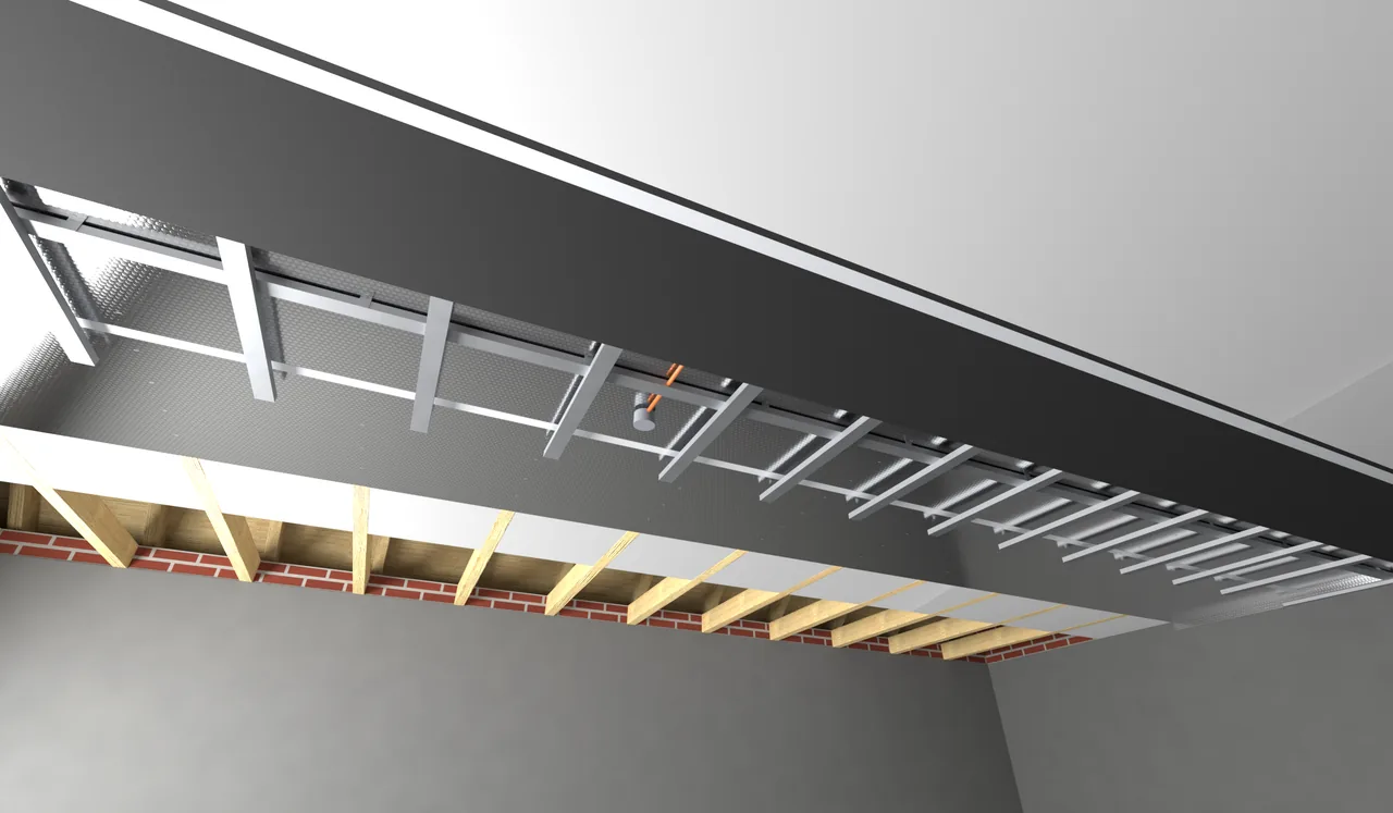 Rendering van het balkenplafond naar de onverwarmde zolder, met de lagen van System 10 Basic