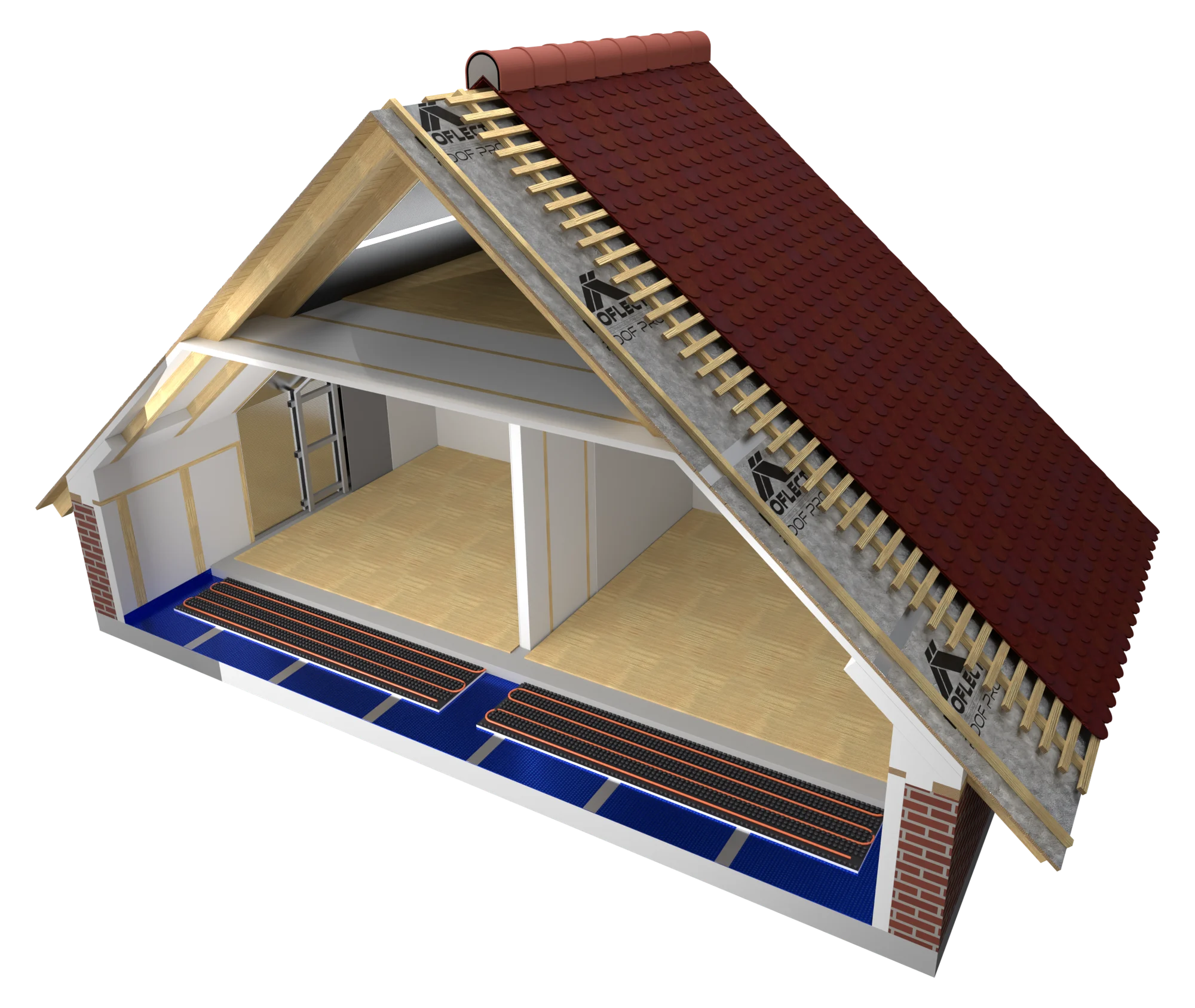Cross-section of a house: roof, habitable attic, unheated attic, walls and floor insulated with Isoflect