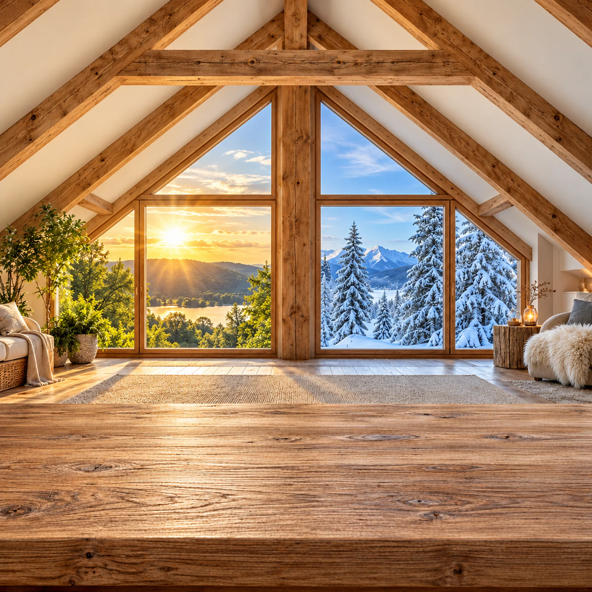 The same habitable attic, in summer and in winter: cool in August, warm in January